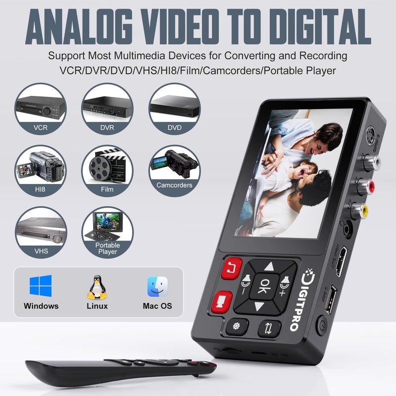 DigitPro Store محول VHS إلى رقمي 2.0، مسجل فيديو رقمي عالي الدقة مع جهاز تحكم عن بعد، تحويل تسجيل الفيديو والصوت التناظري من VHS/VCR، DVR/DVD/Hi8/مشغلات Mini DV/كاميرا الفيديو إلى رقمي (تحتاج إلى مشغلات) - Image 3
